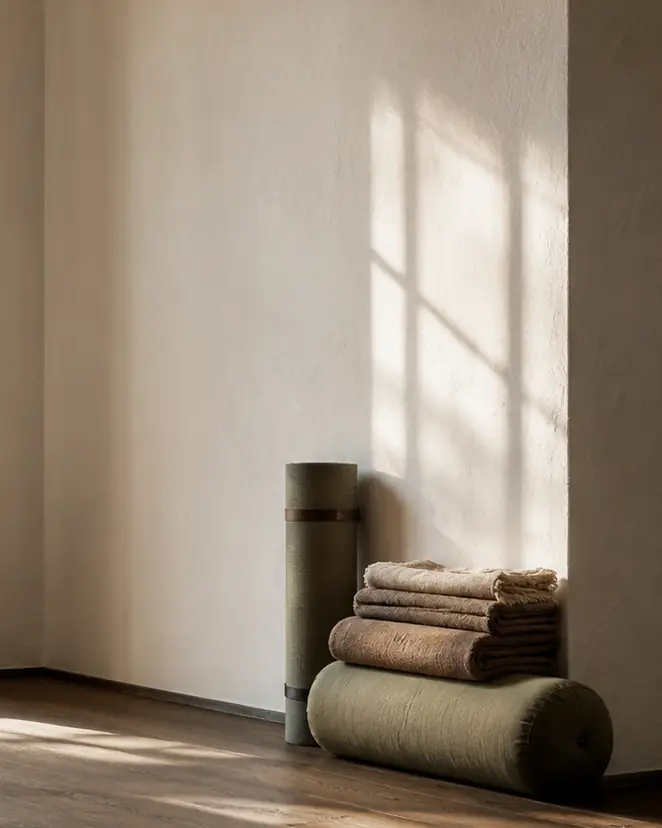 Opgerolde yogamat, gevouwen dekens en een bolster tegen de wand van een lege lichte ruimte met houten vloer.