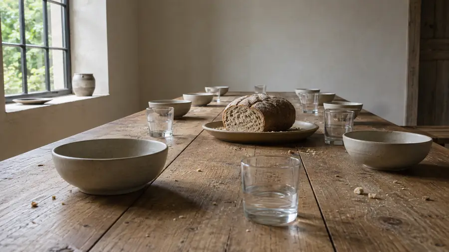 Lange houten tafel met aardewerken kommen, glazen en een brood, daglicht van links.
