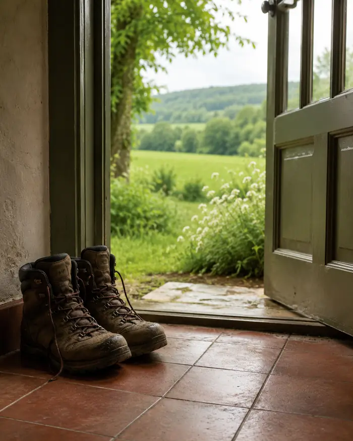 Bemodderde wandelschoenen naast een open deur, met daarachter een weide en een boom.